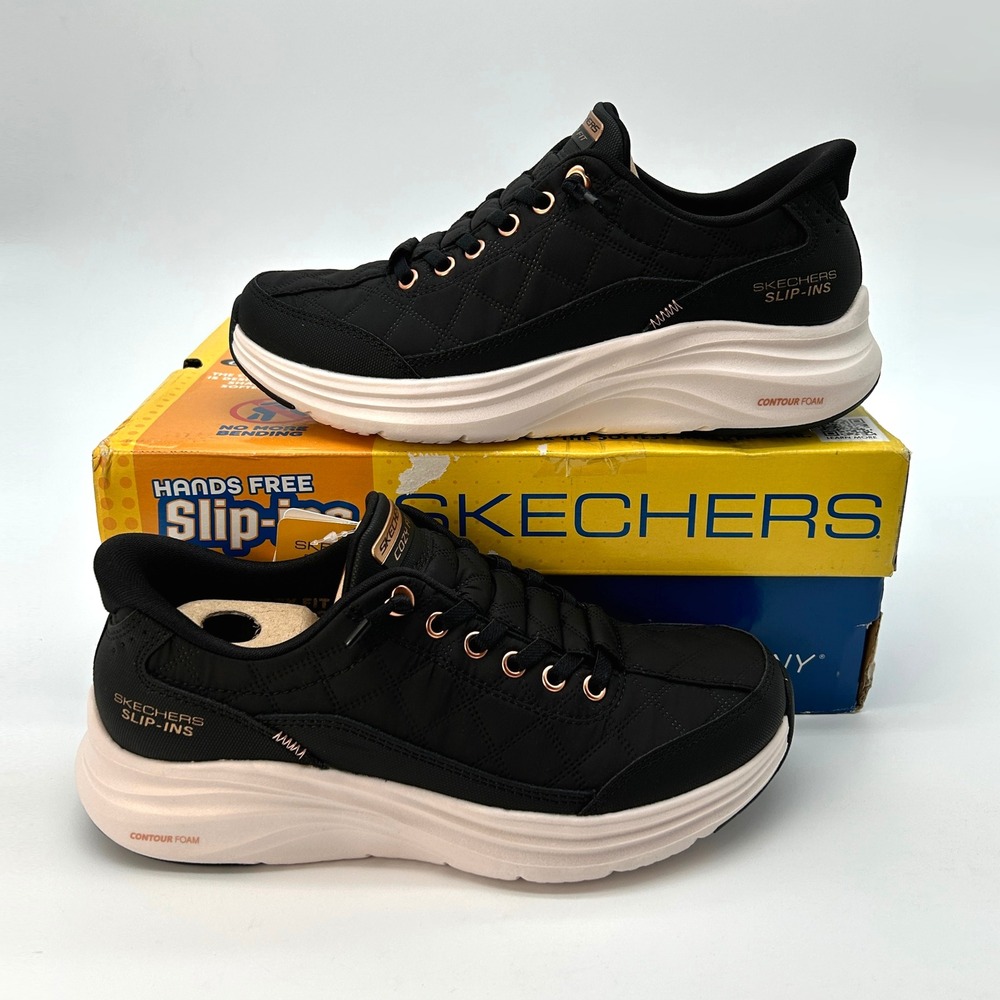 Womens Sneakers Skechers Slip-ins Golden Hour Size 6 Black Rose Gold Quilted NEW